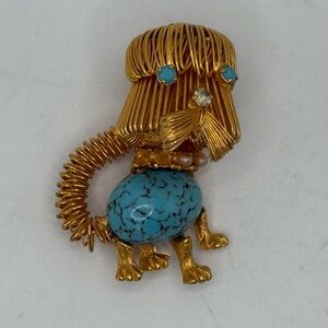 Gold Colored and Turquoise Colored Stones Dog Brooch Yorkie